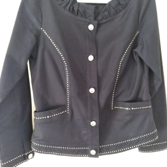 Simon Chang Denim Cotton Jacket with Bling Black with Rhinestone trimbuttons - Picture 6 of 6